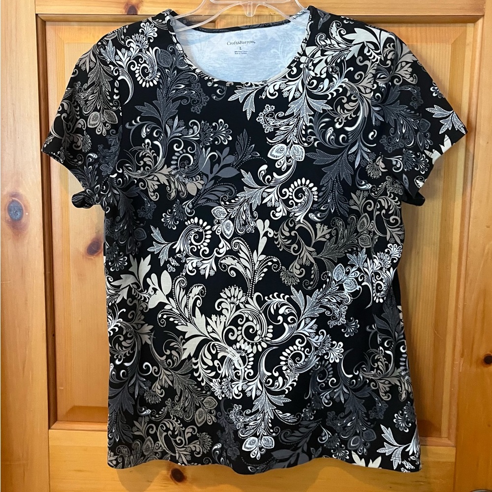 TWO Croft and Barrow pattern cotton tees Black floral and red stripe